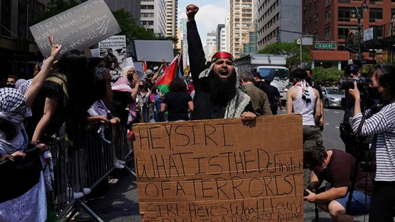 Pro-Palestinian supporters demonstrate across the street from the Israeli Consul