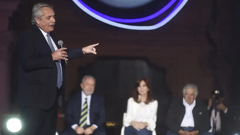 Argentine President Alberto Fernandez speaks to the crowd during a rally