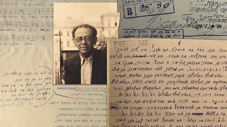 Moyshe Beregovsky is seen with various documents and sheet music