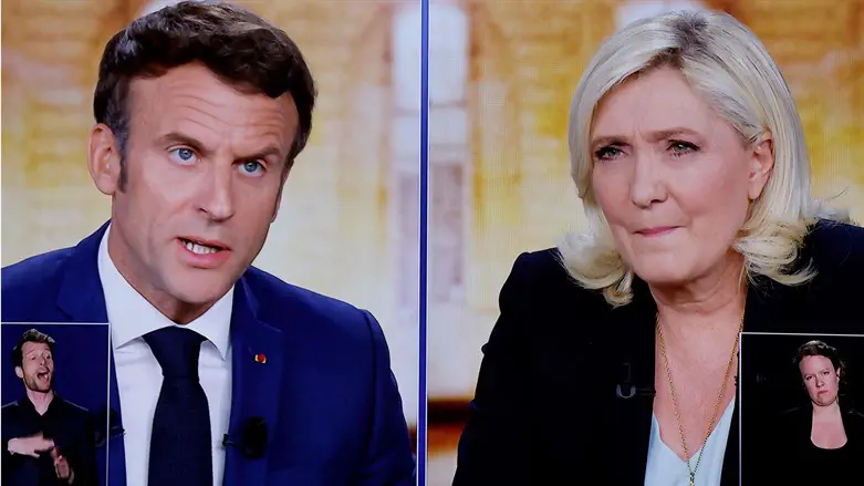 French President Emmanuel Macron and his challenger Marine Le Pen shown during a