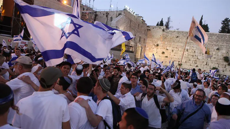 Israeli flags at the Western Wall in Jerusalem
