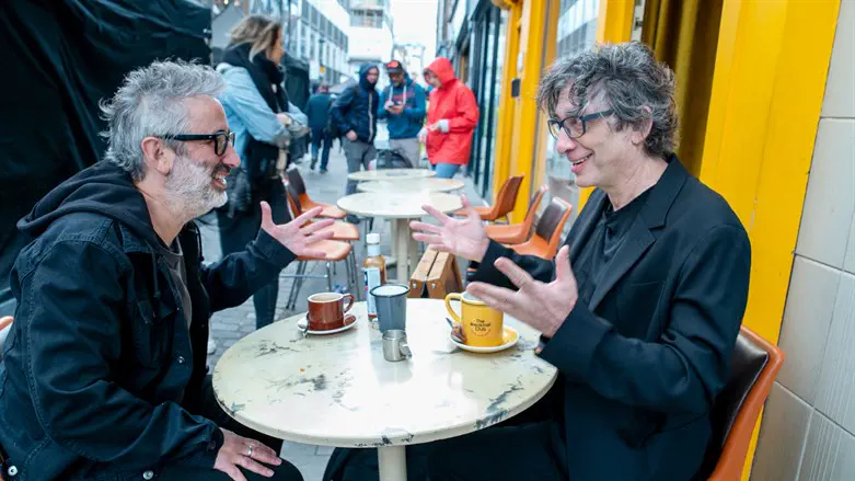 David Baddiel, left, speaks with Neil Gaiman
