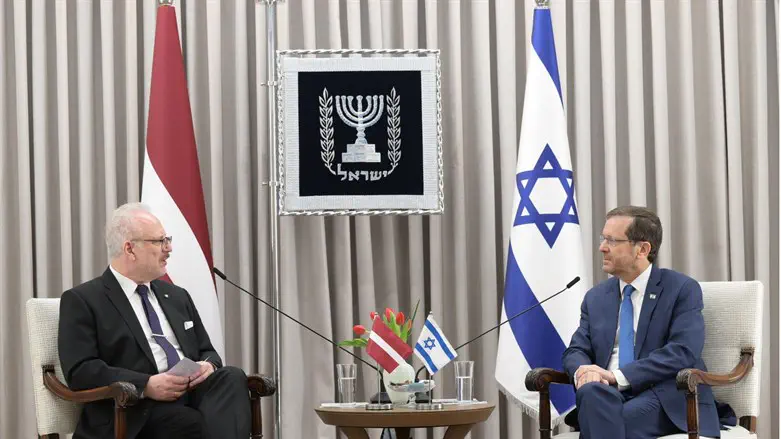 Latvia's President Egils Levits with Israeli President Isaac Herzog