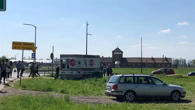 An ice cream stand sits outside of the former Auschwitz camp in Oswiecim, Poland