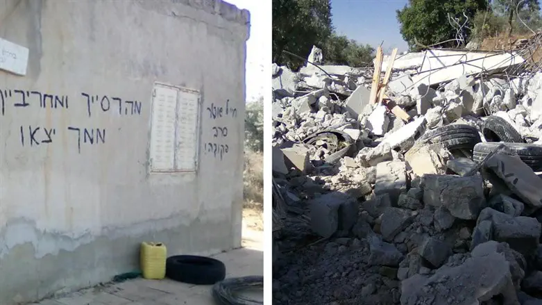 המבנה ששימש בית כנסת, לפני ואחרי ההרס