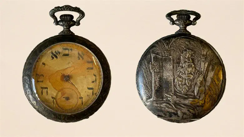 Sinai Kantor's pocket watch, with salt water stains showing the time the Titanic sank.