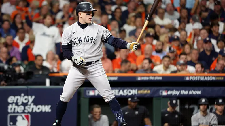 Harrison Bader bats during the American League Championship Series, Oct. 2022