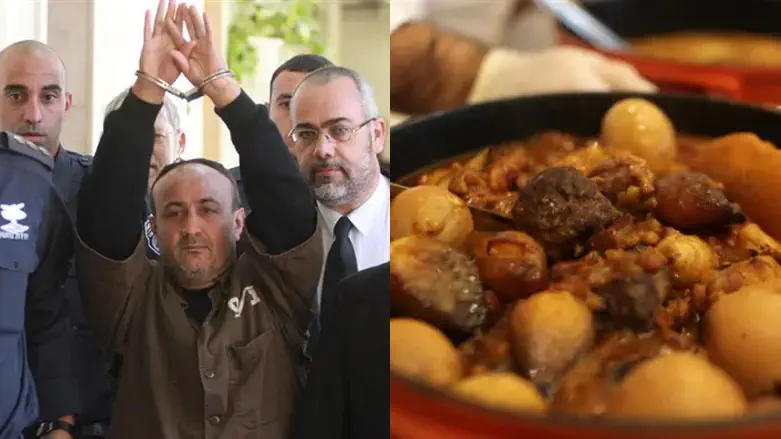 Marwan Barghouti (left) and cholent with meat (right)
