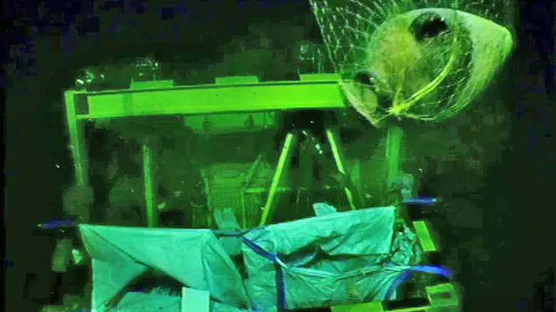 A Canaanite jar being retrieved by a robot from a depth of 1.8 km.