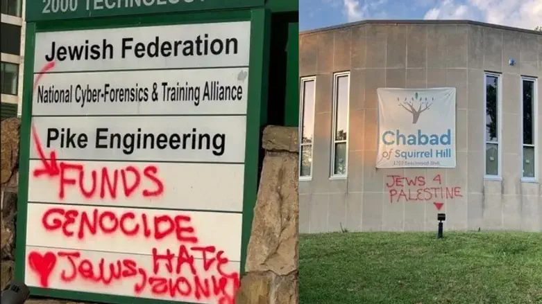 Vandalism outside Pittsburgh Jewish Federation (L) & a Chabad synagogue (R) in Pittsburgh