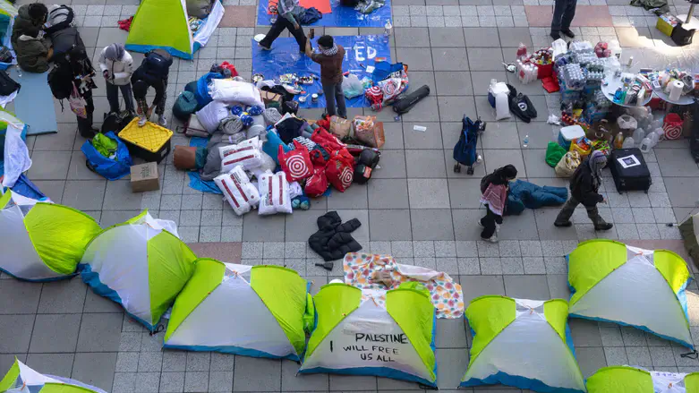 NYU students set up a "Liberated Zone" tent encampment in Gould Plaza, April 2024.
