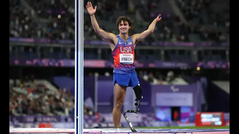 Ezra Frech celebrates after the men's high jump at the Paris 2024 Summer Paralympic Games.