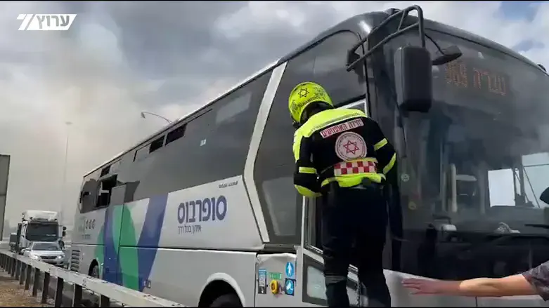 The bus hit by shrapnel