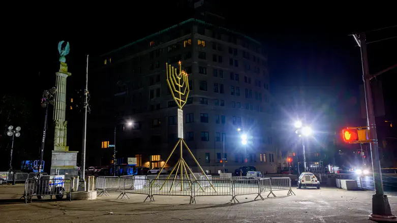 The Park Slope Chabad menorah remains lit at Grand Army Plaza on Hanukkah, 2023.