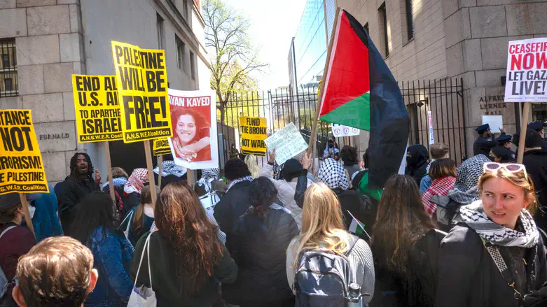 Pro-Palestinian protesters outside of Columbia University, April 22, 2024.