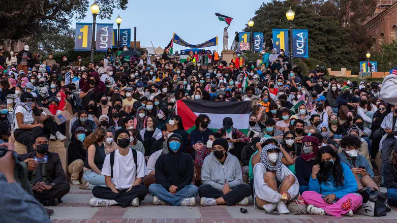 Pro-Palestinian students at UCLA campus set up encampment in Los Angeles, May 1, 2024.