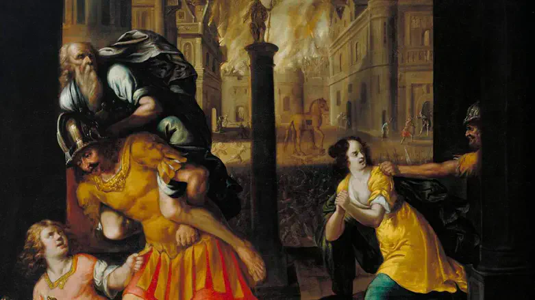 "Aeneas and his Family Fleeing Burning Troy," a painting by Henry Gibbs, 1654.
