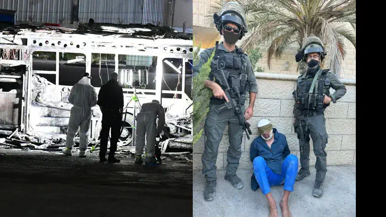 המחבל שנתפס, לצד אוטובוס שהתפוצץ