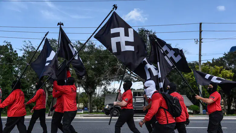 Neo-Nazi groups Blood Tribe and Goyim Defense League hold a rally, Sept. 2023, Florida.