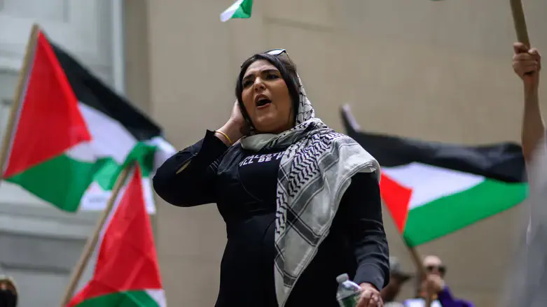 Nerdeen Kiswani speaks at a protest commemorating Nakba Day on May 15, 2025 in Brooklyn