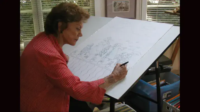 Dina Babbitt in 2006, recreating the “Snow White" mural that she painted in Auschwitz.