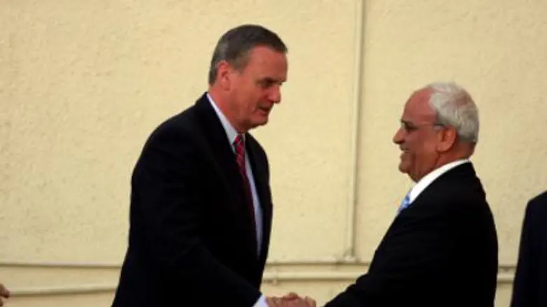 PA official Saeb Erekat greets Gen. Jim Jones