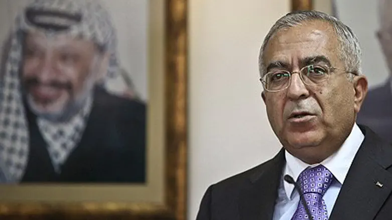 PA PM Fayyad with PLO Chairman Arafat on wall