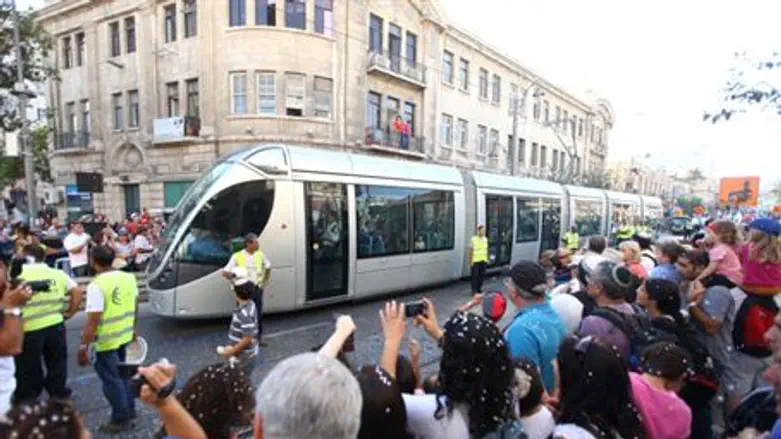 Light Rail parades near Zion Square in Jerusa