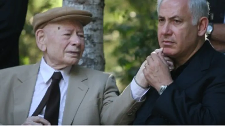 Tender moment: Benzion Netanyahu and son.