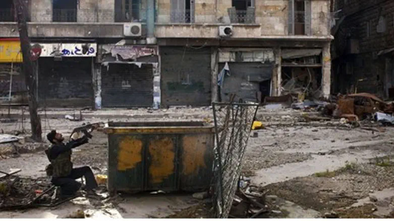 A Syrian rebel aims his weapon during clashes
