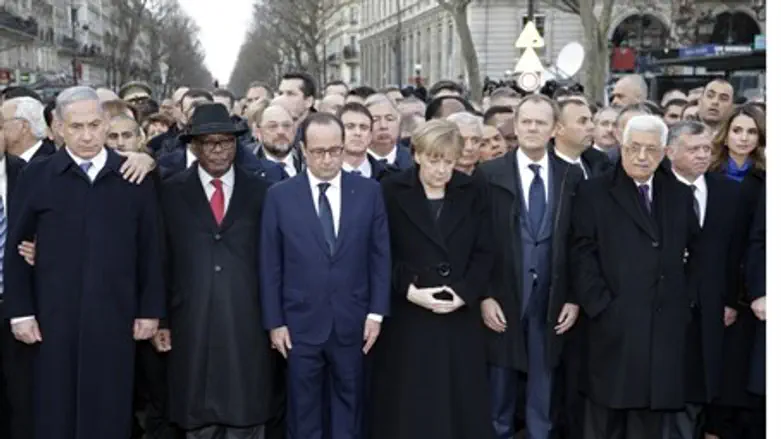 Netanyahu and Abbas at rally.