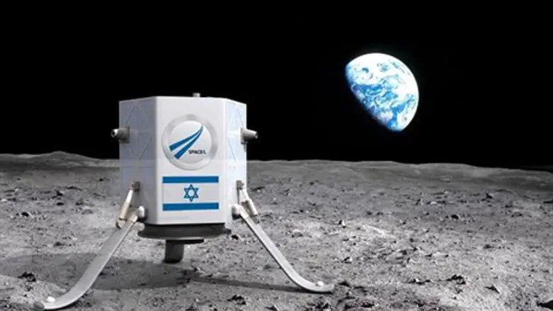 הדמיה של חללית לא מאוישת עם דגל ישראל על הירח.