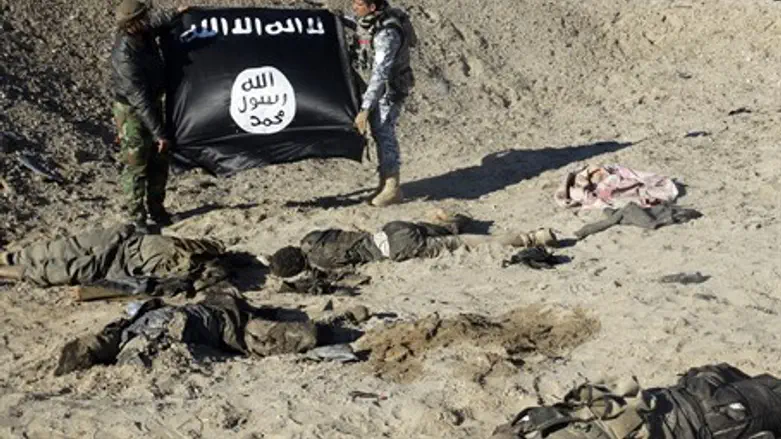 Iraqi security forces hold an ISIS flag (illustration)