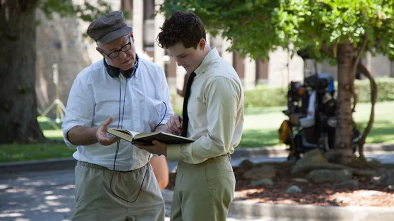 James Schamus, left, and Logan Lerman on the set of "Indignation"