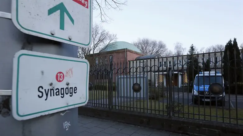A police car next to a synagogue in the city of Bremen, Germany