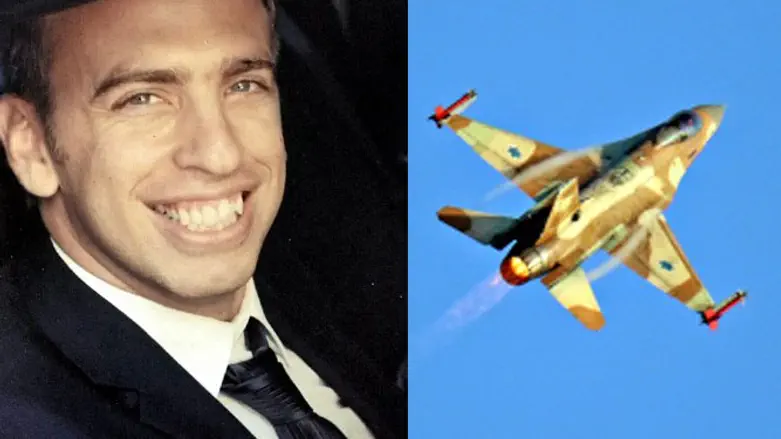 רב-סרן אוהד כהן נוב על רקע מטוס הF16