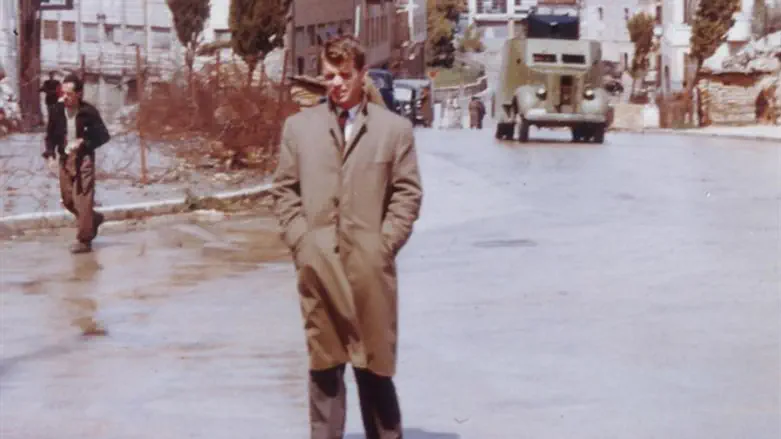 RFK near British checkpoint in Jerusalem street.