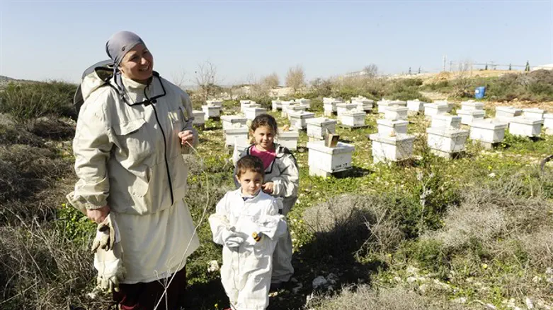 יעל פרבשטיין עם שניים מילדיה במכוורת בקדומים