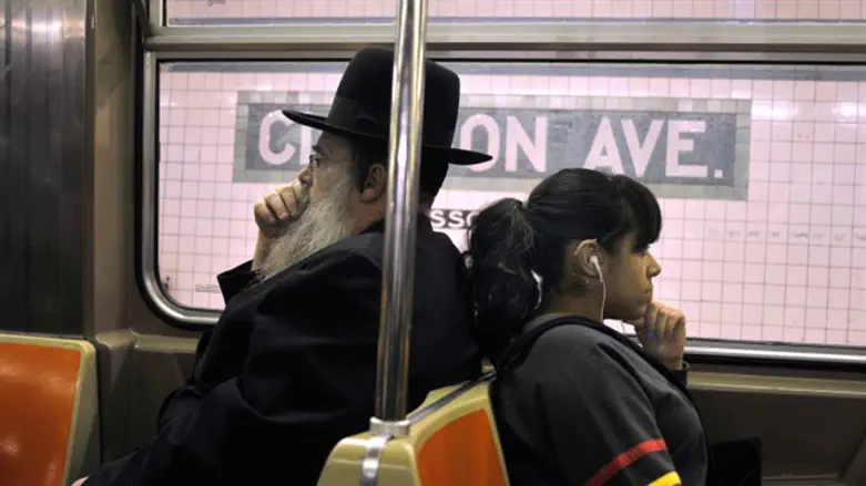 ultra orthodox Jewish man and secular woman on subway (illustration) 