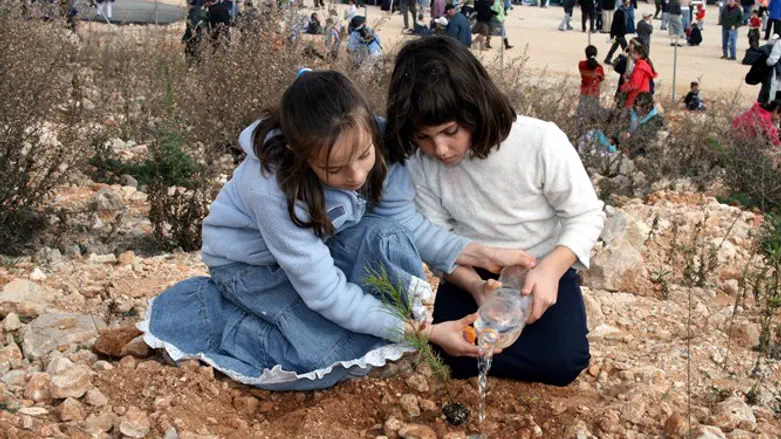 Girls planting trees on Tu B'Shvat