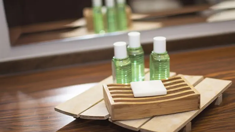 Miniature soap and shampoo bottles