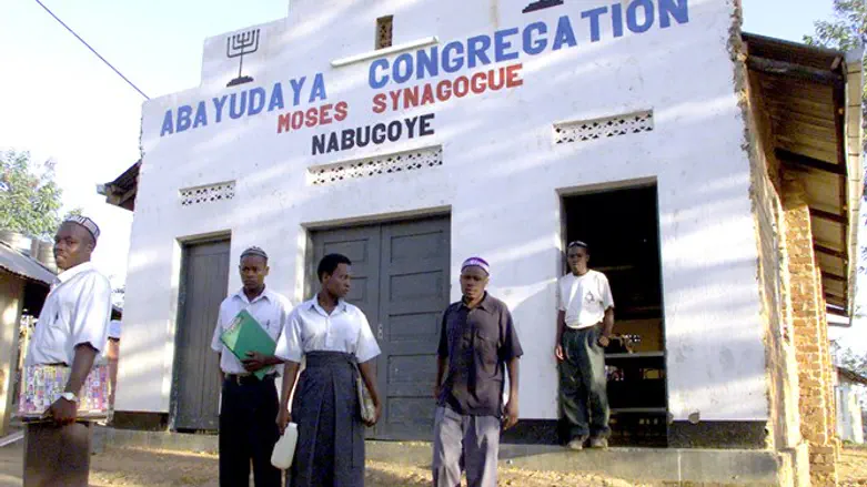 Ugandan Jewish worshipers after morning prayers at Moses Synagogue