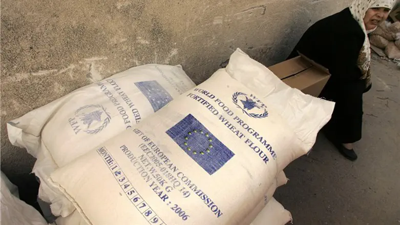 Woman receives aid from World Food Program office in Gaza