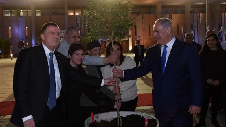 נתניהו ואדלשטיין נוטעים את העץ, יחד עם העובדים