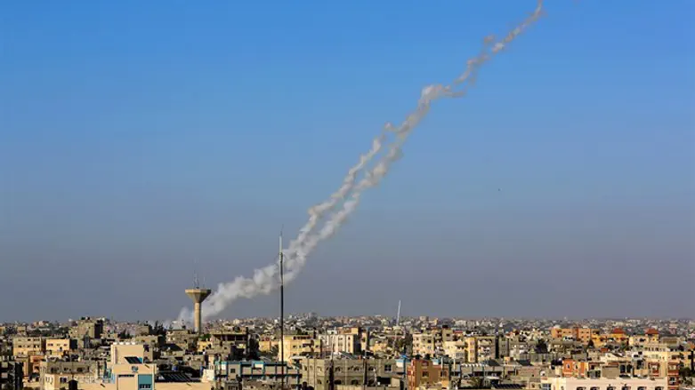 Rocket launch from Rafah in southern Gaza Strip towards Israel