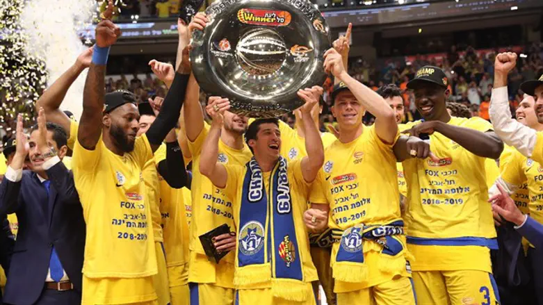 שחקני מכבי תל אביב חוגגים עם צלחת האליפות