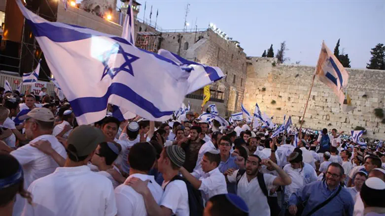 Israeli flags at the Western Wall in Jerusalem