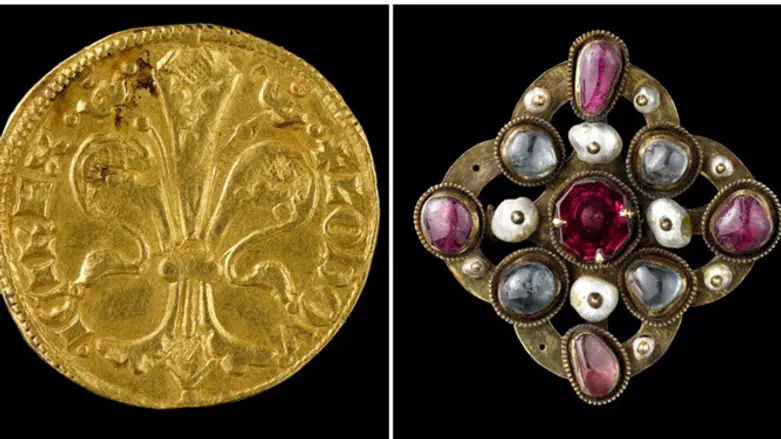 Gold coin (l) of Louis of Hungary, jeweled brooch (r) from 14th century.