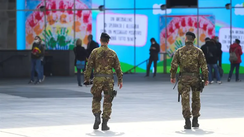 Italian soldiers enforce the lockdown in the region of Lombardy