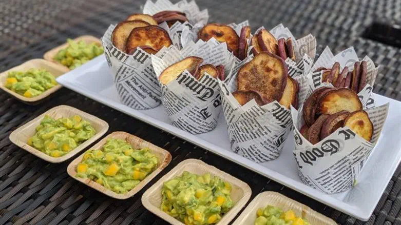 Japanese Sweet Potato Chips with Mango Chive Guacamole